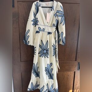 CIEBON Delphi Embroidered Long Full Sleeve Wrap Maxi Dress Blue Sz S NWT